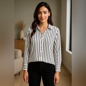 Worthington Black and White 3/4 Sleeve Notched Collar Blouse
